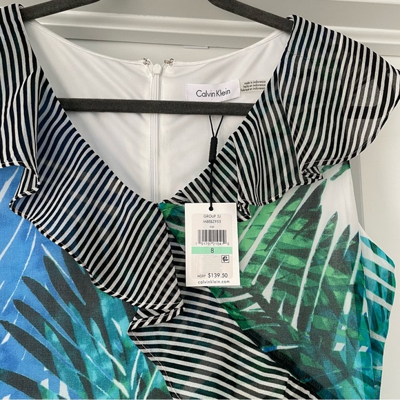 Calvin Klein ruffles maxi dress black blue green white Sz 8 floral palm leaves - Picture 3 of 3